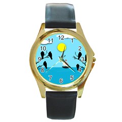 Birds Sun Tree Animal Black Tree Round Gold Metal Watch by HermanTelo