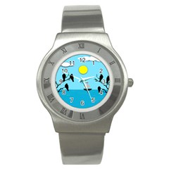 Birds Sun Tree Animal Black Tree Stainless Steel Watch by HermanTelo