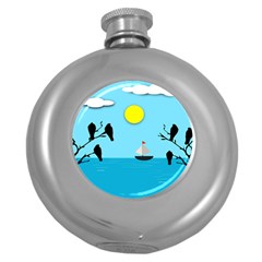 Birds Sun Tree Animal Black Tree Round Hip Flask (5 Oz)