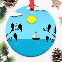 Birds Sun Tree Animal Black Tree Round Ornament (two Sides) by HermanTelo