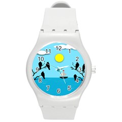 Birds Sun Tree Animal Black Tree Round Plastic Sport Watch (m) by HermanTelo