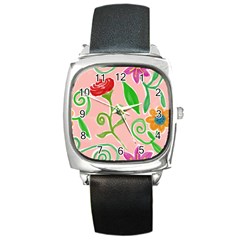 Background Colorful Floral Flowers Square Metal Watch