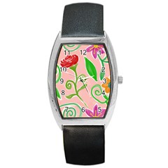 Background Colorful Floral Flowers Barrel Style Metal Watch