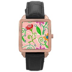 Background Colorful Floral Flowers Rose Gold Leather Watch 