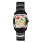 Background Colorful Floral Flowers Stainless Steel Barrel Watch Front