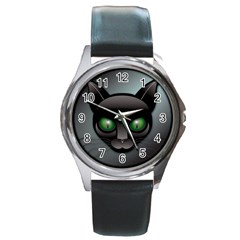 Green Eyes Kitty Cat Round Metal Watch by HermanTelo