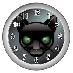 Green Eyes Kitty Cat Wall Clock (silver) by HermanTelo