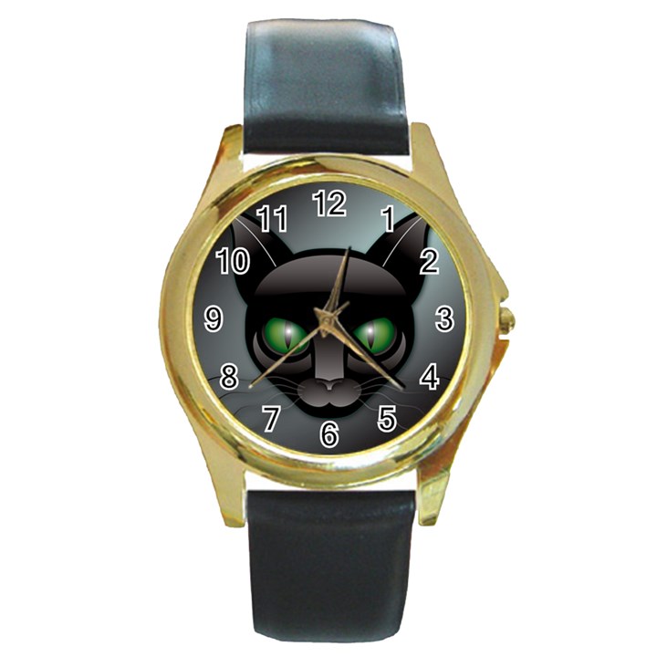 Green Eyes Kitty Cat Round Gold Metal Watch