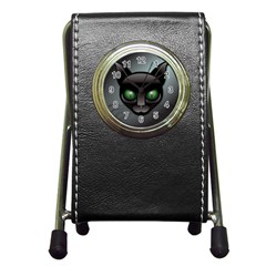 Green Eyes Kitty Cat Pen Holder Desk Clock