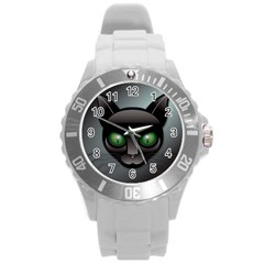 Green Eyes Kitty Cat Round Plastic Sport Watch (l) by HermanTelo