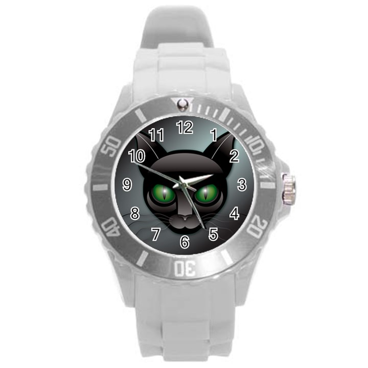 Green Eyes Kitty Cat Round Plastic Sport Watch (L)