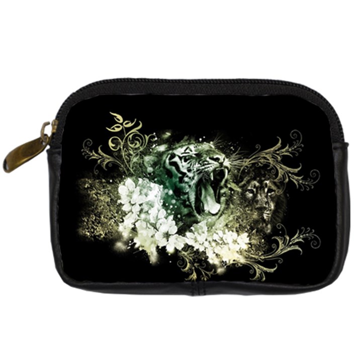 Awesome Tiger With Flowers Digital Camera Leather Case