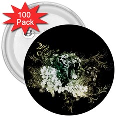 Awesome Tiger With Flowers 3  Buttons (100 Pack)  by FantasyWorld7