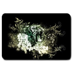 Awesome Tiger With Flowers Large Doormat  by FantasyWorld7