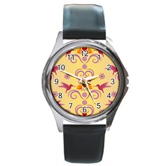 Pattern Bird Flower Round Metal Watch by HermanTelo