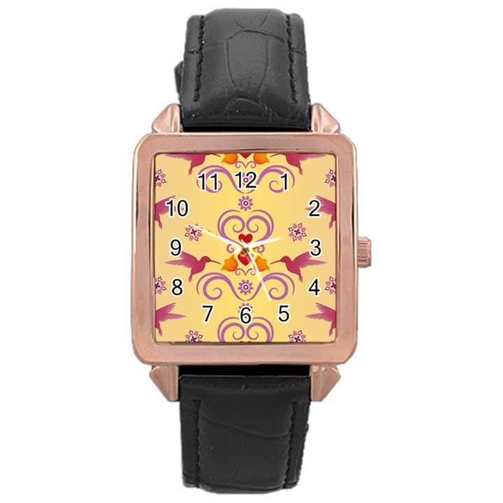 Pattern Bird Flower Rose Gold Leather Watch 