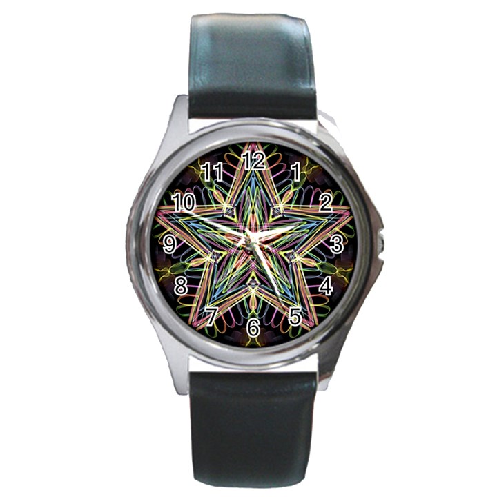 Star Mandala Pattern Design Doodle Round Metal Watch