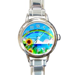 Sunflower And Rainbow Ocean Bokeh Round Italian Charm Watch by Pakrebo