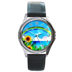 Sunflower And Rainbow Ocean Bokeh Round Metal Watch by Pakrebo