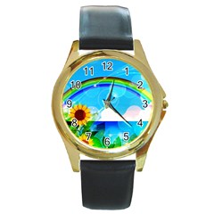 Sunflower And Rainbow Ocean Bokeh Round Gold Metal Watch by Pakrebo