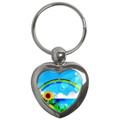 Sunflower And Rainbow Ocean Bokeh Key Chain (heart) by Pakrebo