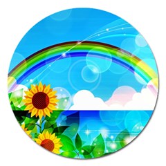 Sunflower And Rainbow Ocean Bokeh Magnet 5  (round) by Pakrebo