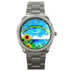 Sunflower And Rainbow Ocean Bokeh Sport Metal Watch by Pakrebo