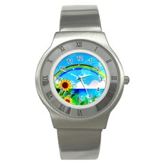 Sunflower And Rainbow Ocean Bokeh Stainless Steel Watch by Pakrebo