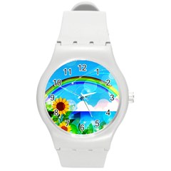 Sunflower And Rainbow Ocean Bokeh Round Plastic Sport Watch (m) by Pakrebo