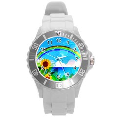 Sunflower And Rainbow Ocean Bokeh Round Plastic Sport Watch (l) by Pakrebo