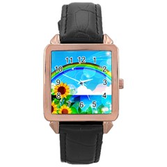 Sunflower And Rainbow Ocean Bokeh Rose Gold Leather Watch  by Pakrebo