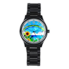 Sunflower And Rainbow Ocean Bokeh Stainless Steel Round Watch by Pakrebo