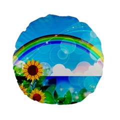 Sunflower And Rainbow Ocean Bokeh Standard 15  Premium Flano Round Cushions by Pakrebo