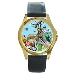 Zoo Animals Peacock Lion Hippo Round Gold Metal Watch by Pakrebo