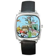 Zoo Animals Peacock Lion Hippo Square Metal Watch by Pakrebo