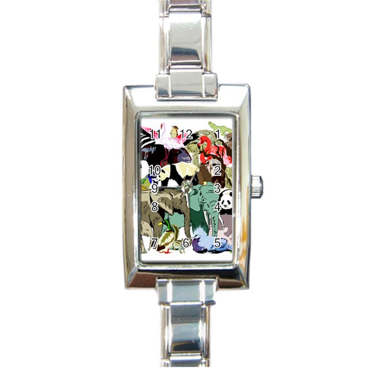 Zoo Animals Peacock Lion Hippo Rectangle Italian Charm Watch