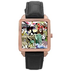 Zoo Animals Peacock Lion Hippo Rose Gold Leather Watch  by Pakrebo