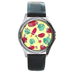 Watermelon Leaves Strawberry Round Metal Watch by Pakrebo