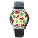 Watermelon Leaves Strawberry Round Metal Watch Front