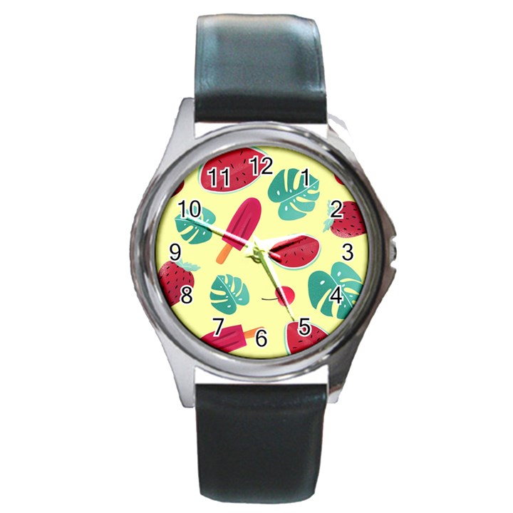 Watermelon Leaves Strawberry Round Metal Watch