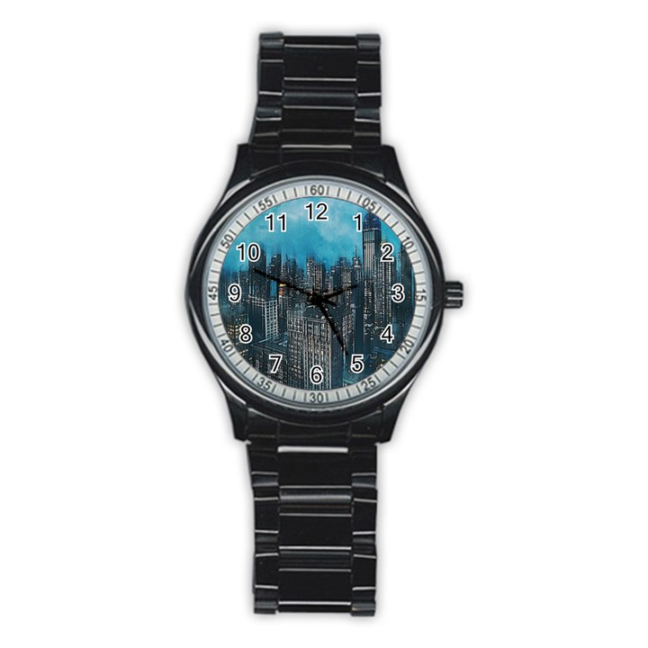 Cityscape Buildings Skyscraper Stainless Steel Round Watch