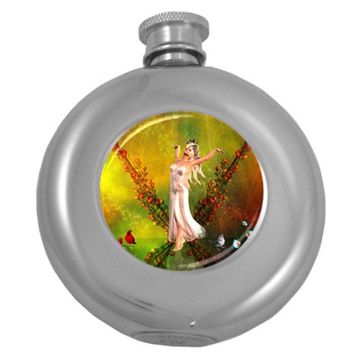 Beautiful Fairy With Wonderful Flowers Round Hip Flask (5 oz)