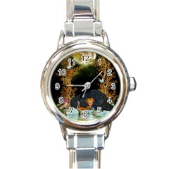 Cute Fairy With Awesome Wolf In The Night Round Italian Charm Watch by FantasyWorld7