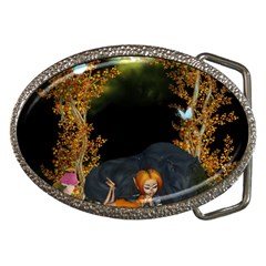 Cute Fairy With Awesome Wolf In The Night Belt Buckles