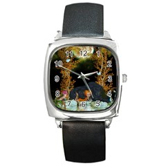 Cute Fairy With Awesome Wolf In The Night Square Metal Watch by FantasyWorld7