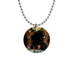 Cute Fairy With Awesome Wolf In The Night 1  Button Necklace by FantasyWorld7