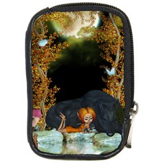 Cute Fairy With Awesome Wolf In The Night Compact Camera Leather Case by FantasyWorld7