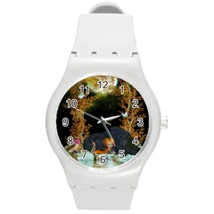 Cute Fairy With Awesome Wolf In The Night Round Plastic Sport Watch (m) by FantasyWorld7