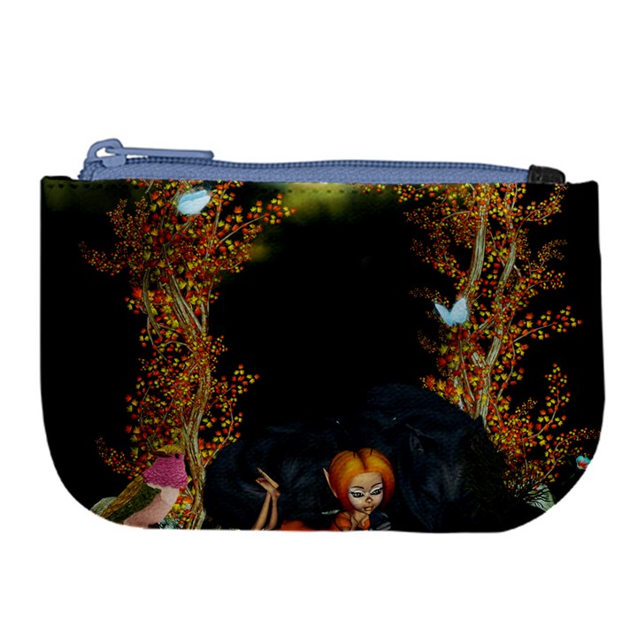 Cute fairy with awesome wolf in the night Large Coin Purse