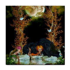 Cute Fairy With Awesome Wolf In The Night Tile Coasters by FantasyWorld7